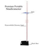 Stadiometer parts labelled: slider, measuring stand and plastic base