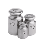 Three stainless steel calibration weights with the HSCo emblem
