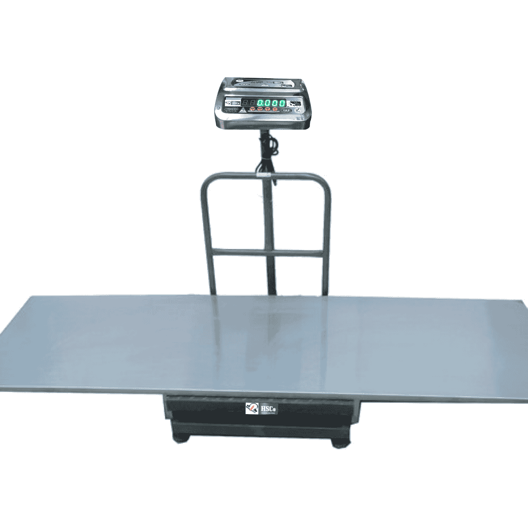 Custom Scale Edit HSCo electronic mortuary scale with broad flat platform, rear guard rail and pole-mounted digital display