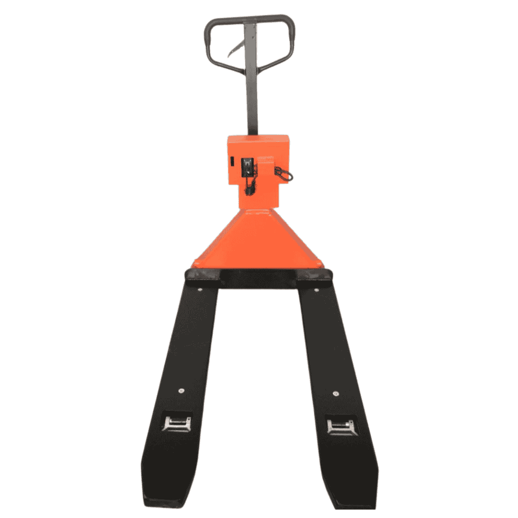 HSCo digital pallet scale HPT, front view with two black forks, orange frame and upright handle