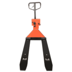 HSCo digital pallet scale HPT, front view with two black forks, orange frame and upright handle