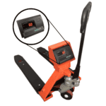 HSCo digital pallet scale HPT with an enlarged inset of the digital display beside the angled product view