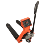 HSCo digital pallet scale HPT, angled view showing its digital display, handle, forks and wheels