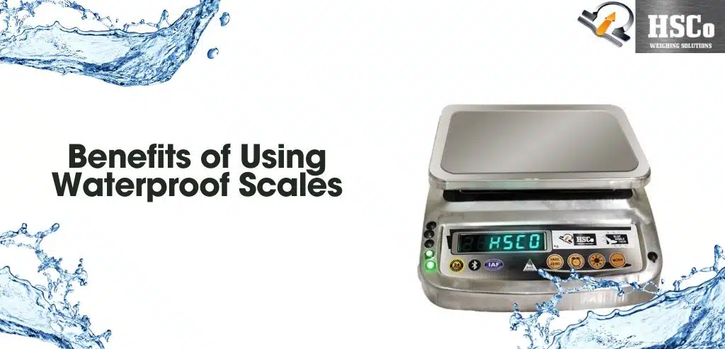 Waterproof tabletop scale pictured beside water splashes and a heading.