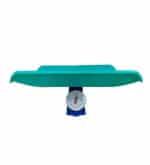 HSCo mechanical infant weighing scale with turquoise tray, round dial and blue base, viewed from the front