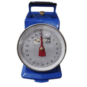 HSCo mechanical infant weighing scale close-up showing the numbered dial, red pointer and blue base