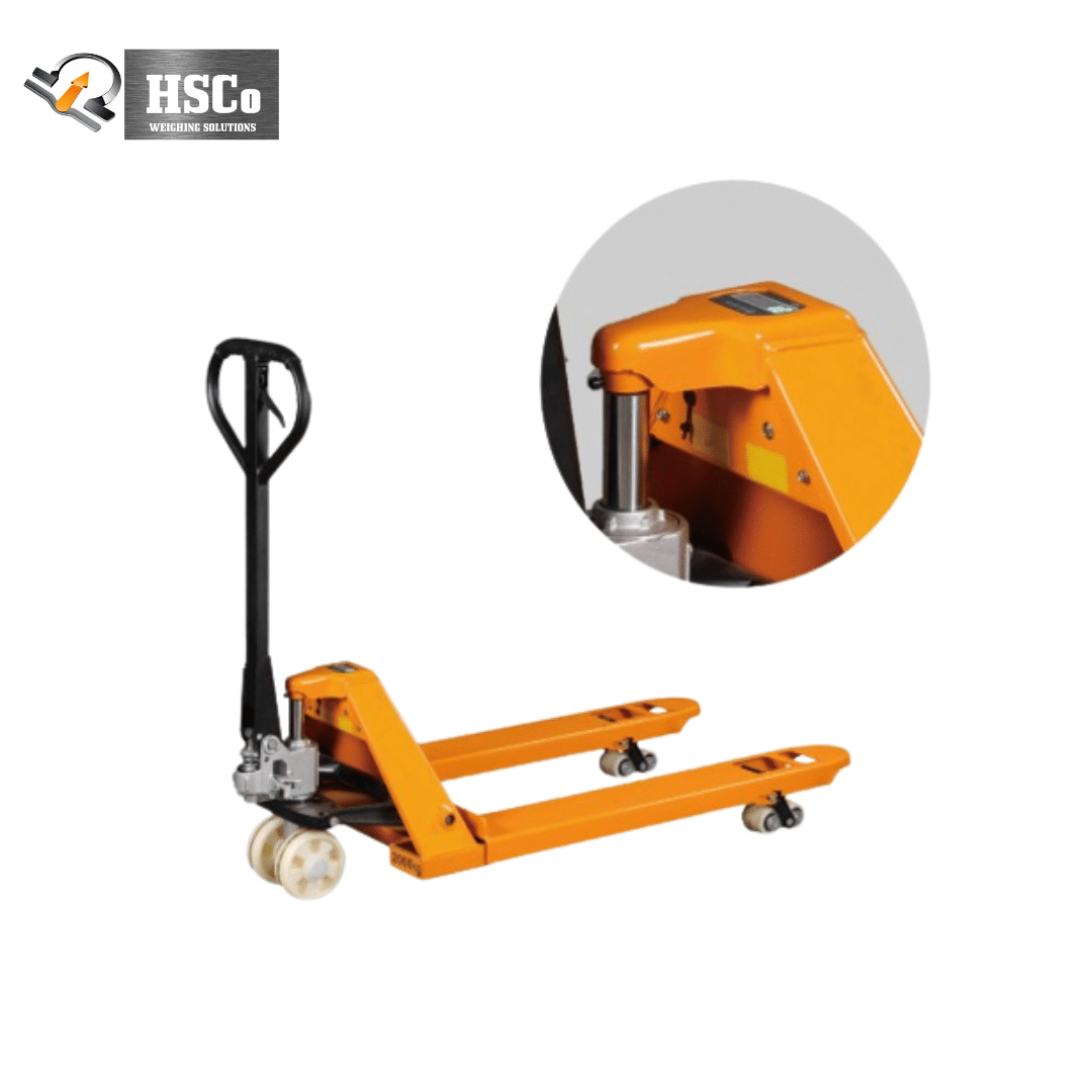 HSC – PWSPR Receipt Printing Series HSC-PWSPR digital pallet scale in golden yellow, with close-up of the indicator on the pump housing