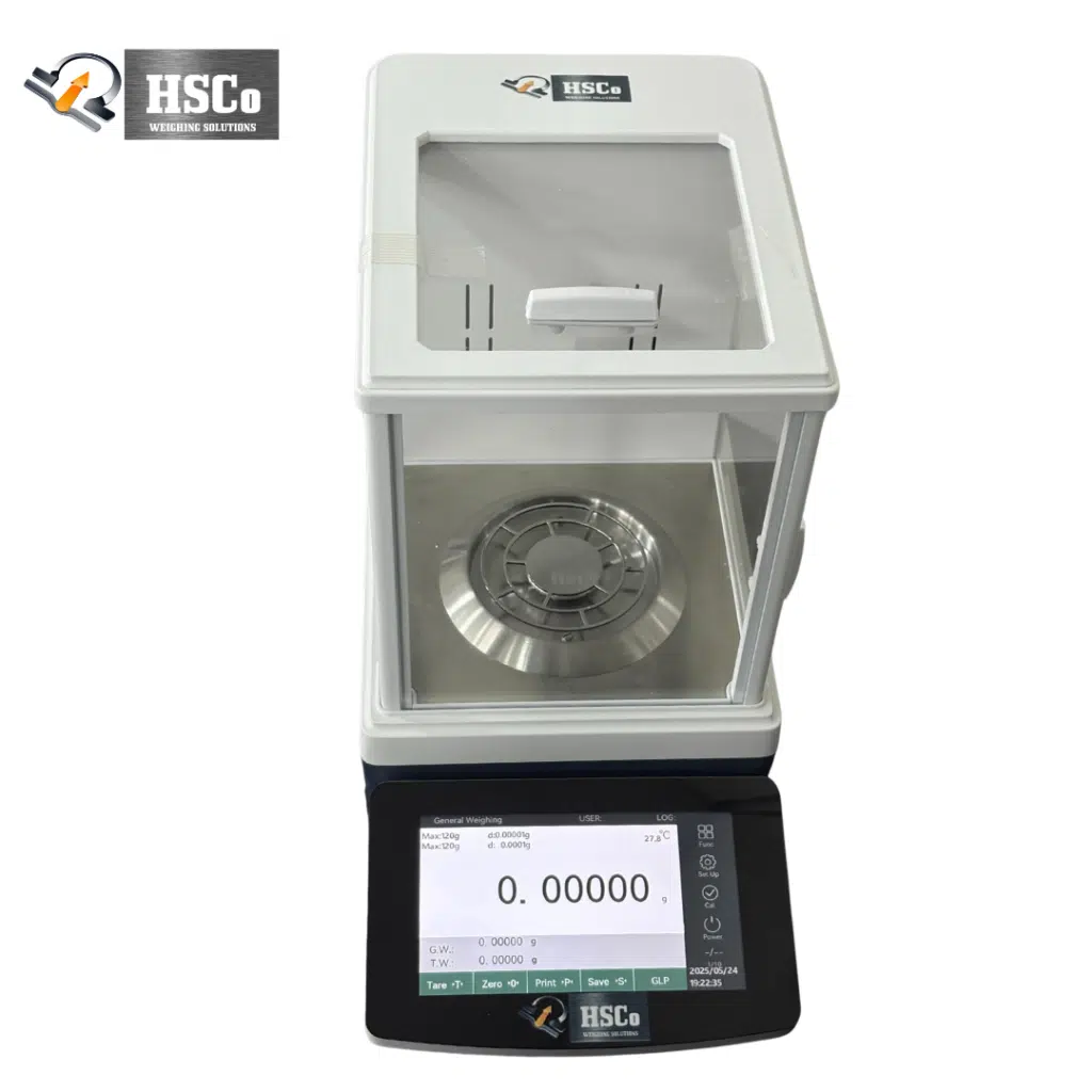 HSCo LAB110.01 five-digit balance with glass draft shield and touchscreen display, front view