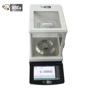 HSCo LAB110.01 five-digit balance with glass draft shield and touchscreen display, front view