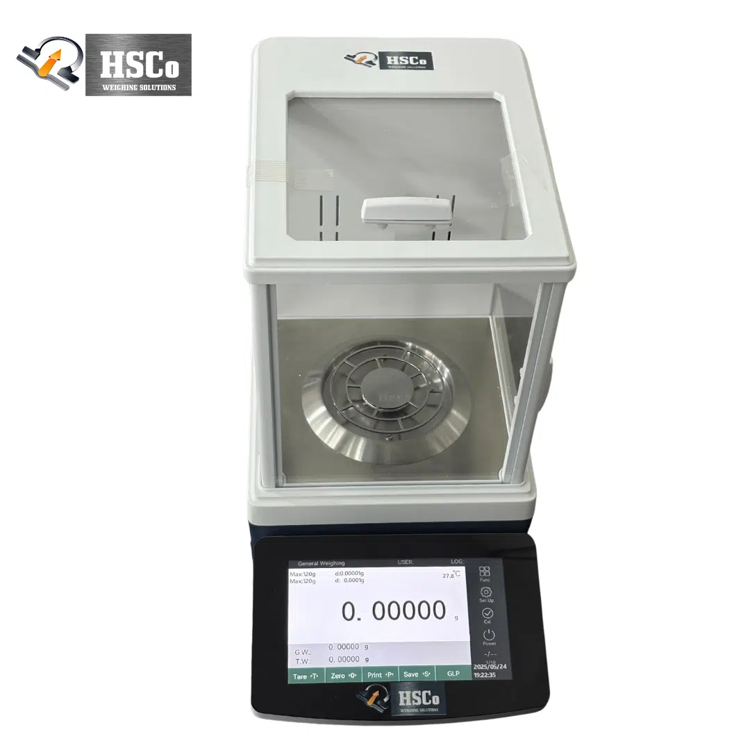 Main Image HSCo LAB110.01 five-digit balance with glass draft shield and touchscreen display, front view