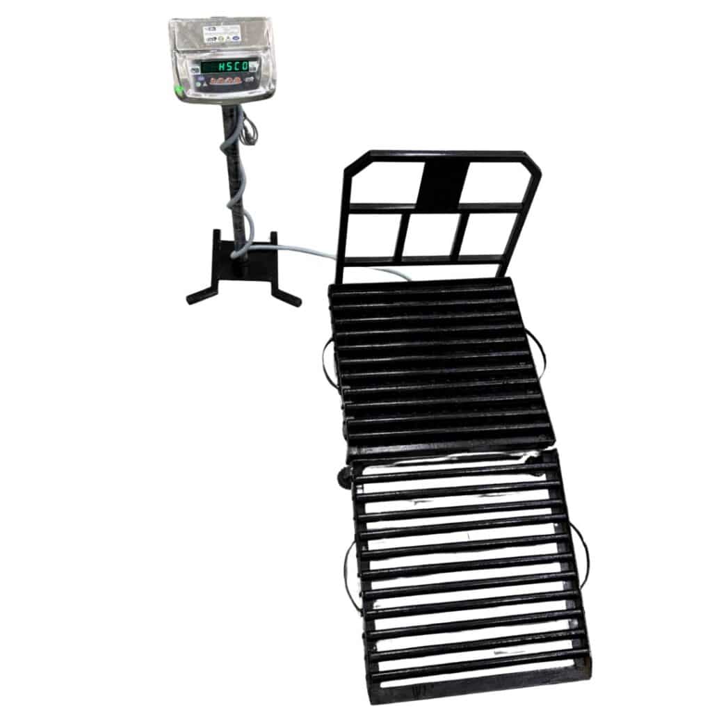 HSCo MS roller scale with black roller-top platform, loading ramp, rear guard and separate digital display