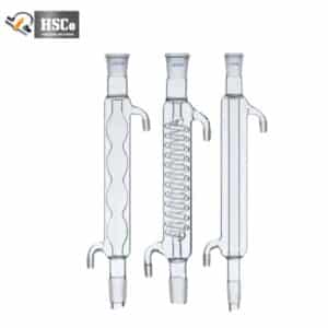 Three borosilicate glass laboratory condensers: bulb, coil and straight types with ground joints