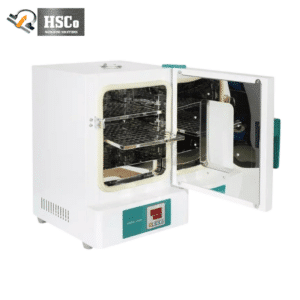 HSC-HT1000 drying oven with door open showing stainless chamber and shelves