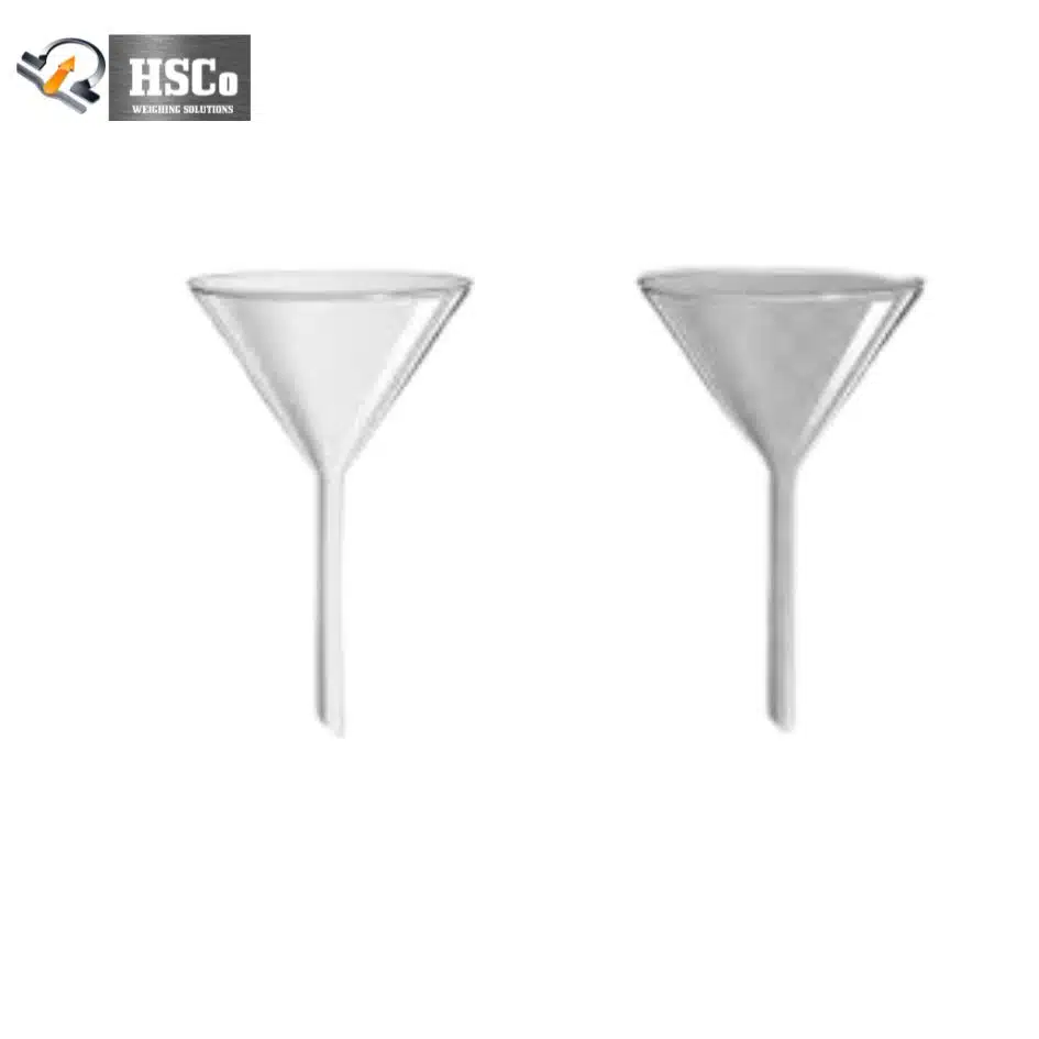 FUNNELS Two borosilicate glass laboratory funnels with long stems
