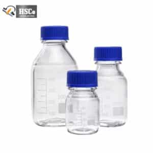 Borosilicate glass media bottles with blue screw caps