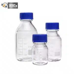 Borosilicate glass media bottles with blue screw caps