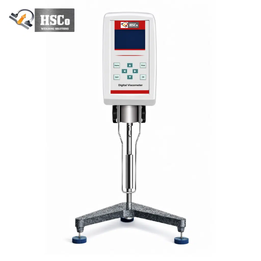 HSCo digital viscometer with keypad display unit on a tripod stand with spindle