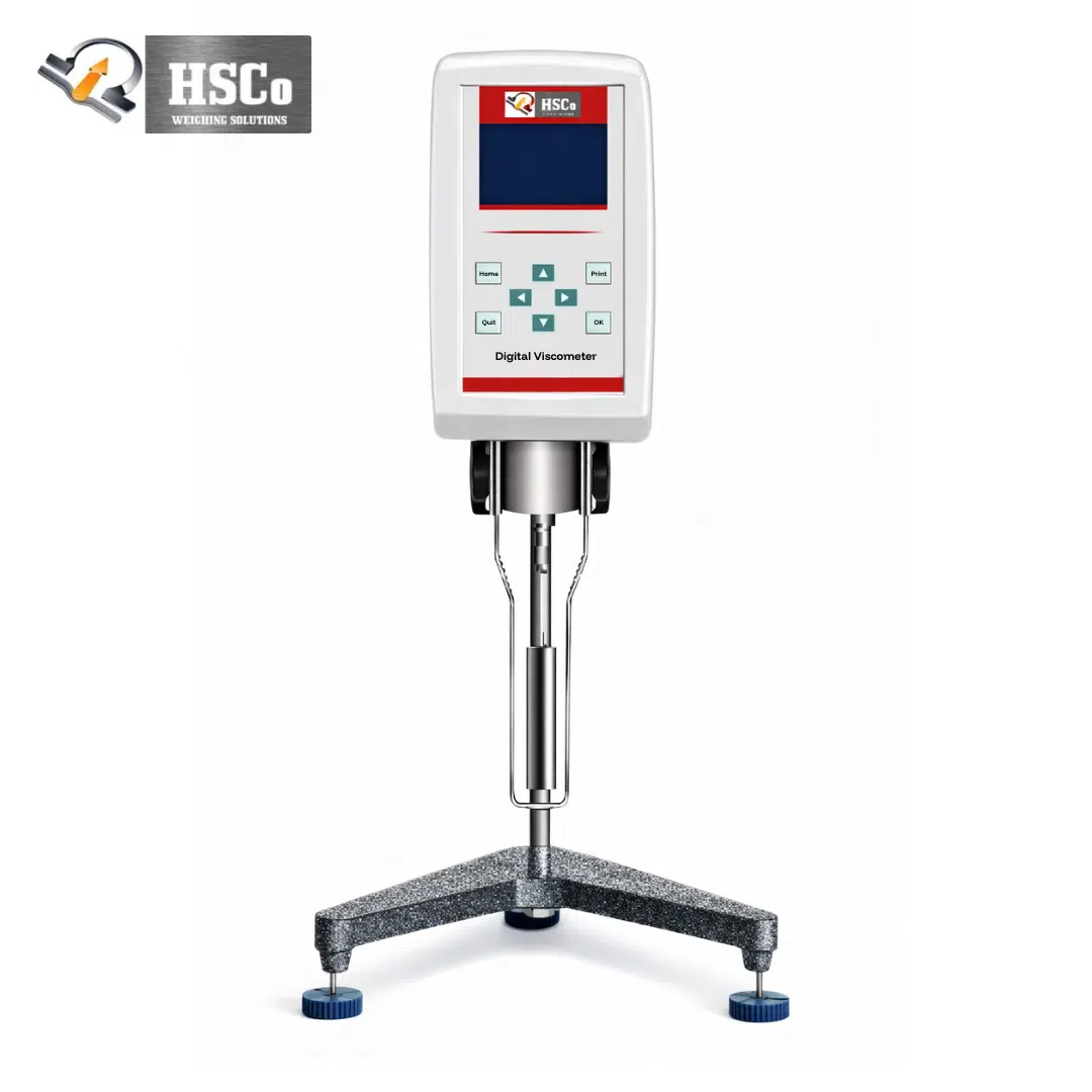 Keypad Viscometer HSCo digital viscometer with keypad display unit on a tripod stand with spindle