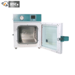 HSCo vacuum drying oven with its door open, showing the metal chamber and glass door panel