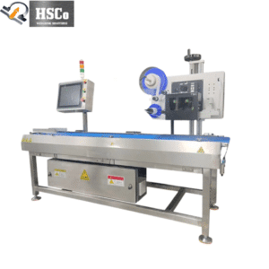 HSC-WL weighing and labelling machine, side view with label printer and stack light