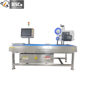 HSCo weighing and labelling machine with conveyor, touch-screen panel and label applicator