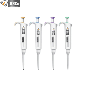 HSCo adjustable single-channel pipettes, four upright with colored plungers and volume windows