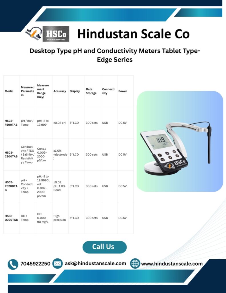 Edge Series tablet-type pH and conductivity meters leaflet with model table