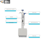 Parts of the HSCo eight-channel pipette: operation button, controller, display window, suction pusher, tip ejector and tip cones