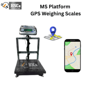 HSCo GPS MS platform weighing scale with raised display, metal frame, location pin and phone map graphic