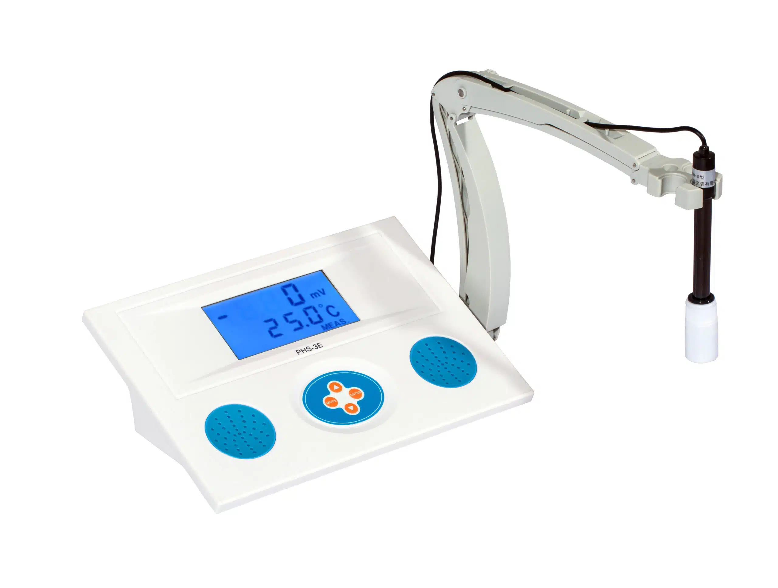 pH and conductivity meters economic model 2 HSCo desktop pH meter with blue backlit display and electrode on a flexible holder