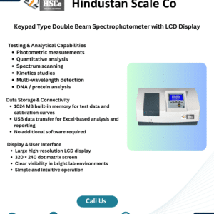 Keypad type double beam spectrophotometer leaflet: testing functions, data storage and display