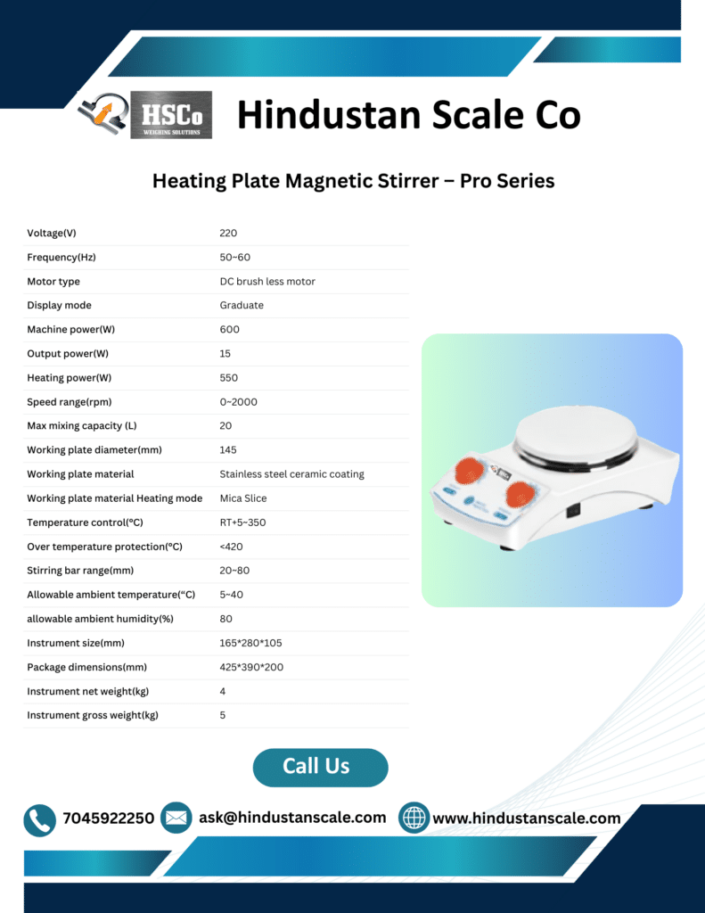 HSCo leaflet for the heating plate magnetic stirrer Pro Series with technical specifications