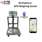 HSCo GPS SS platform weighing scale with raised display, metal frame, location pin and phone map graphic