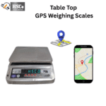 HSCo GPS tabletop weighing scale with metal platter, front display, location pin and phone map graphic
