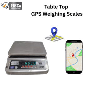 HSCo GPS tabletop weighing scale with metal platter, front display, location pin and phone map graphic