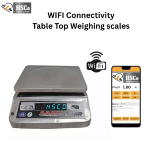 HSCo Wi-Fi table-top weighing scale with the weight shown in a phone app