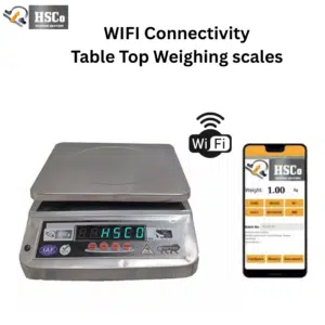 HSCo Wi-Fi table-top weighing scale with the weight shown in a phone app