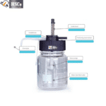 Bottle-top burette parts labelled: handle knob, scale dowel, positioning screw, drain pipe, glass syringe, check valve