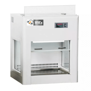 HSCo mini laminar flow cabinet, front view with sash raised