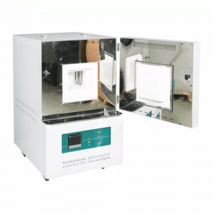 Muffle furnace with door open showing the ceramic fibre chamber
