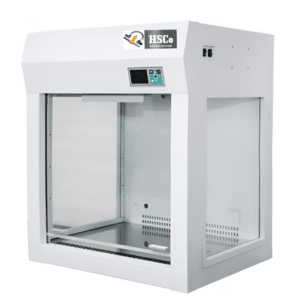 HSCo desktop laminar flow cabinet with glass front and LED controller