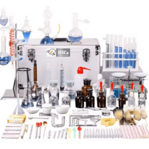 HSCo analytical glassware set with flasks, burettes, cylinders, bottles and accessories around a case