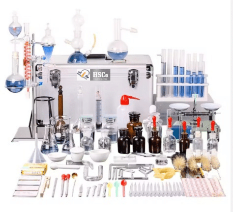 Analytical Glassware Set HSCo analytical glassware set with flasks, burettes, cylinders, bottles and accessories around a case