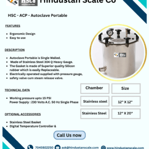 HSC-ACP portable autoclave leaflet with description, technical data and chamber sizes