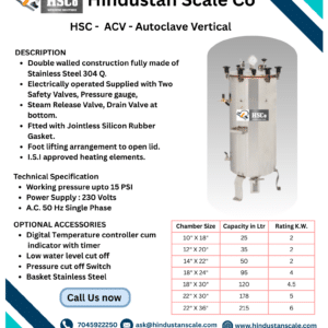 HSC-ACV vertical autoclave leaflet with description and size table