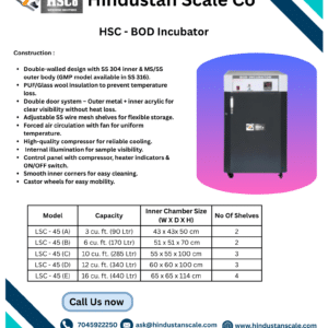 HSC BOD incubator leaflet with construction points and model table