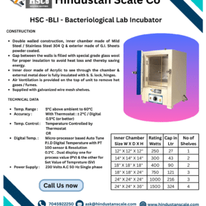 HSC-BLI bacteriological lab incubator leaflet with construction, technical data and size table