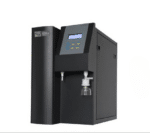 HSCo deionised and distilled water plant, angled view of black cabinet with display and two dispensing spouts