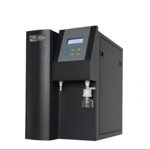 HSCo deionised and distilled water plant, angled view of black cabinet with display and two dispensing spouts