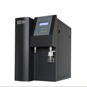 HSCo deionised and distilled water plant, angled view of black cabinet with display and two dispensing spouts